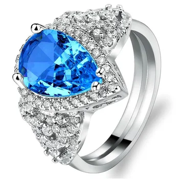 יוקרה אלגנטית כחולה טיפת מים קריסטל טבעת אצילית מזג גבירותיי אופנה רומנטי מתנה